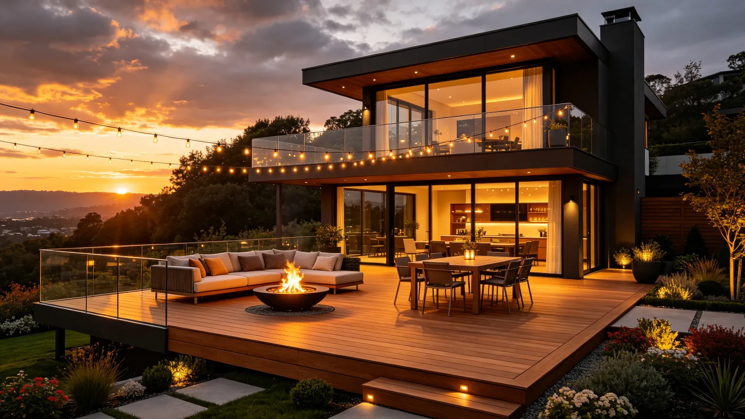 Modern elevated wooden deck with sectional sofa, built-in fire pit and string lights at golden hour