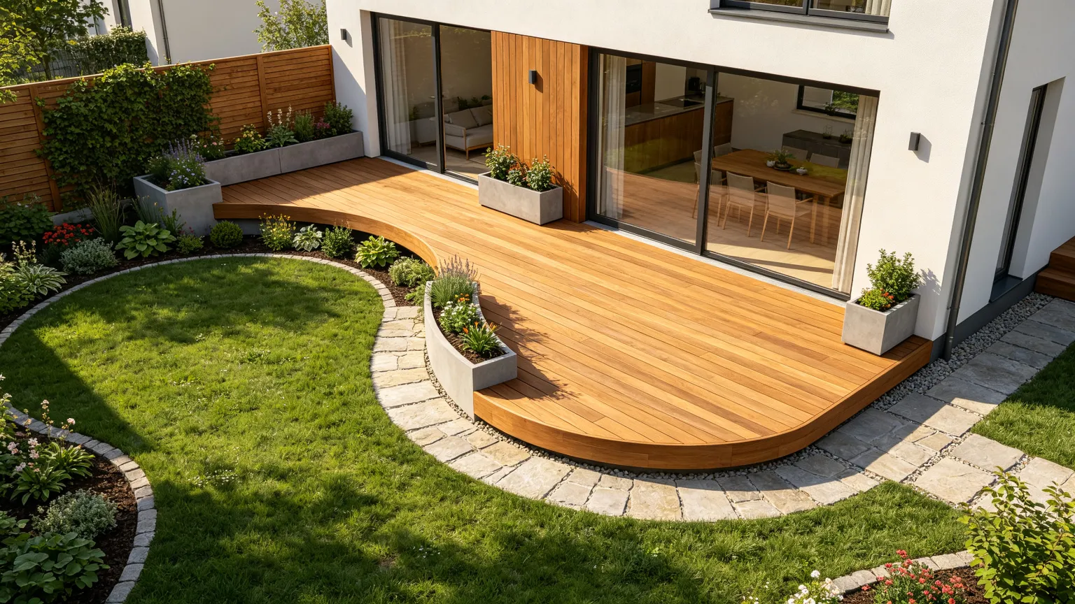 Deck at dusk with string and accent lighting