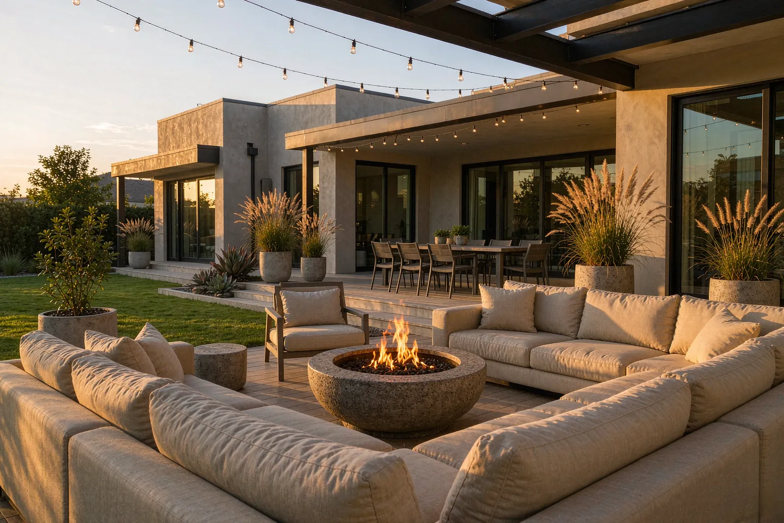 Modern backyard patio with a sectional sofa, fire pit, plants, and string lights