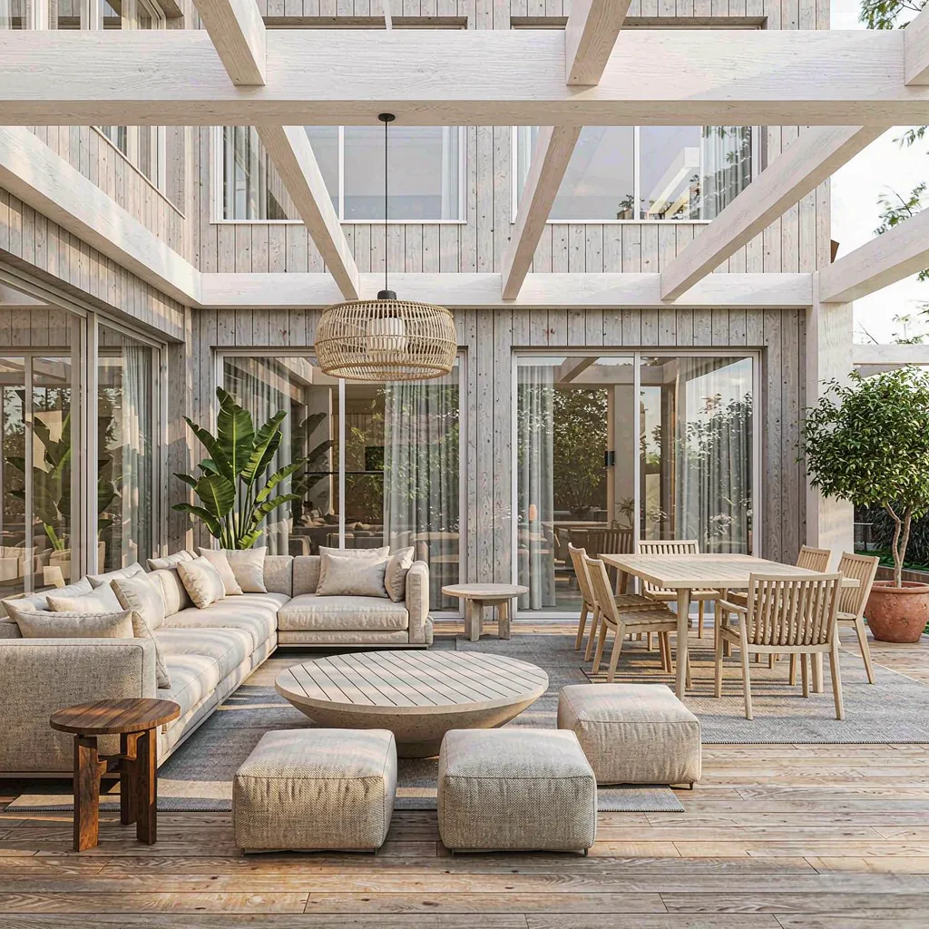 Modern patio with outdoor furniture and a fire pit