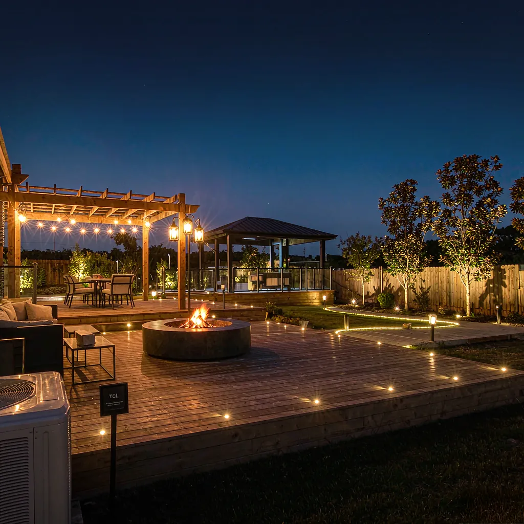 Patio at dusk with string lights and warm accent lighting