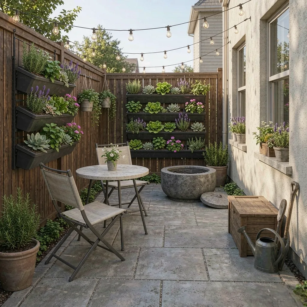 Compact backyard patio with space-saving furniture