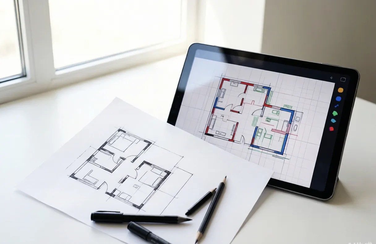 Croquis de plan dessiné à la main converti en agencement numérique