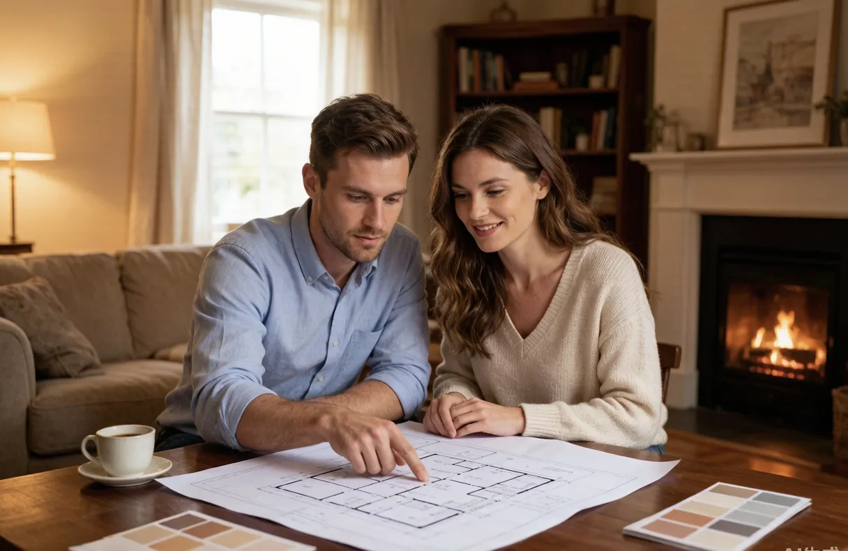 Couple consultant un plan pour une rénovation de maison