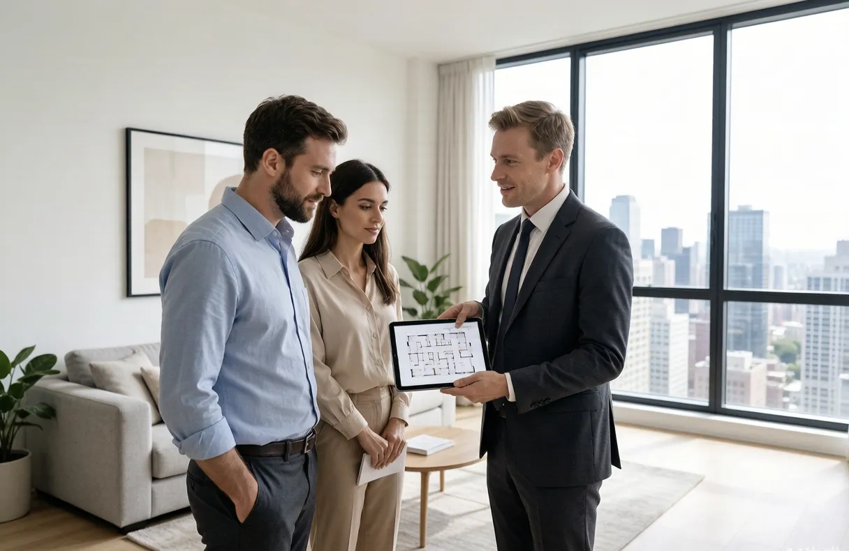 Agent immobilier présentant un plan à des clients