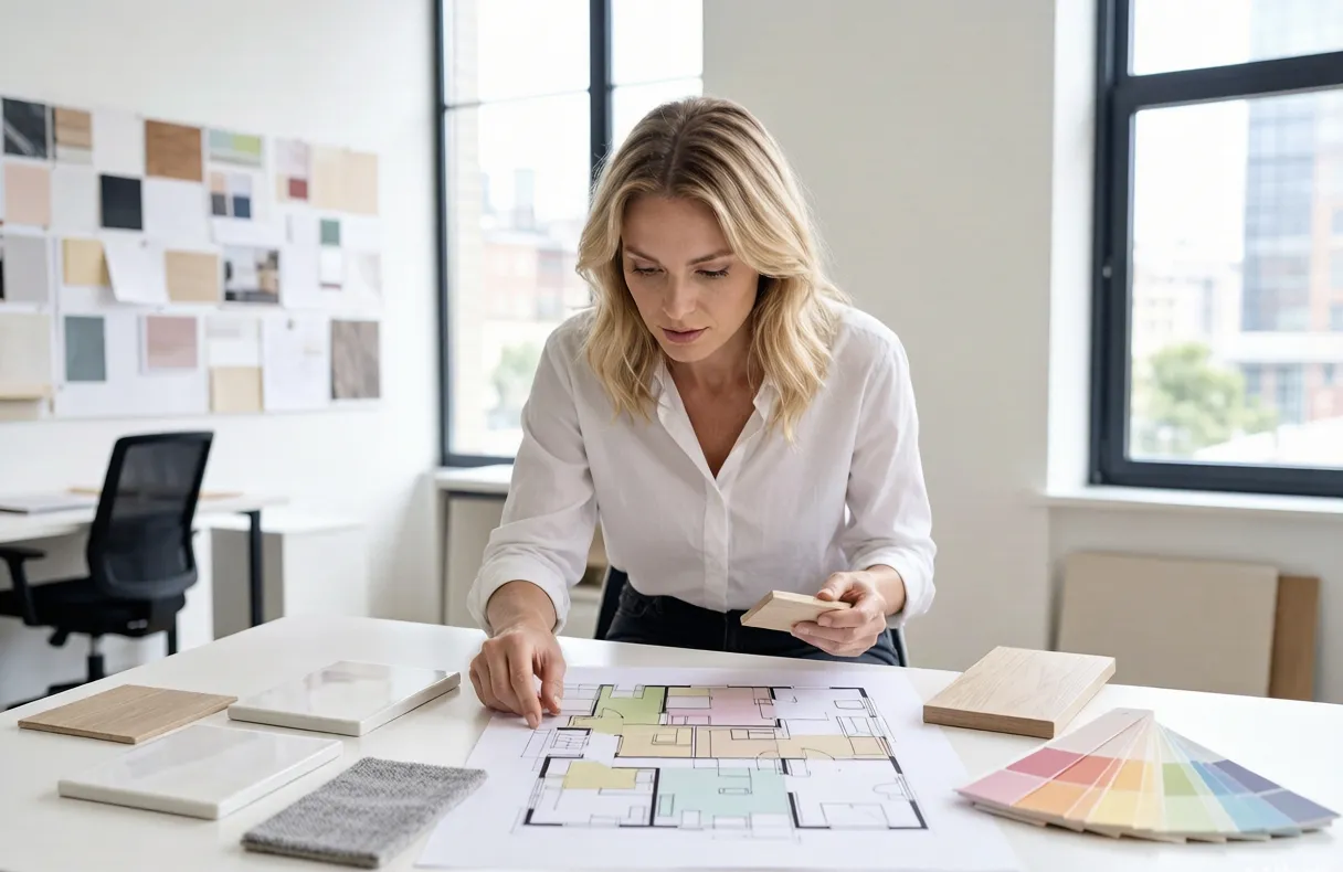 Décorateur d'intérieur examinant un agencement de plan