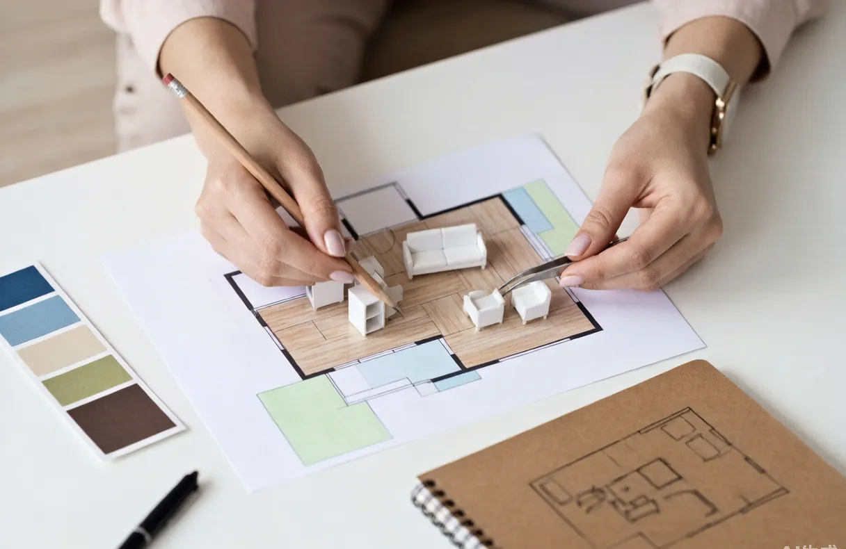 Personne planifiant la disposition des meubles sur un plan