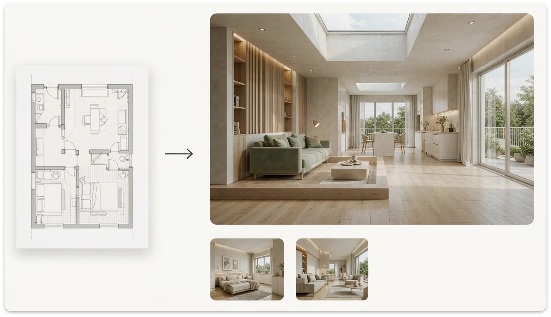 Realistische 3D-Visualisierung eines möblierten Grundrisses