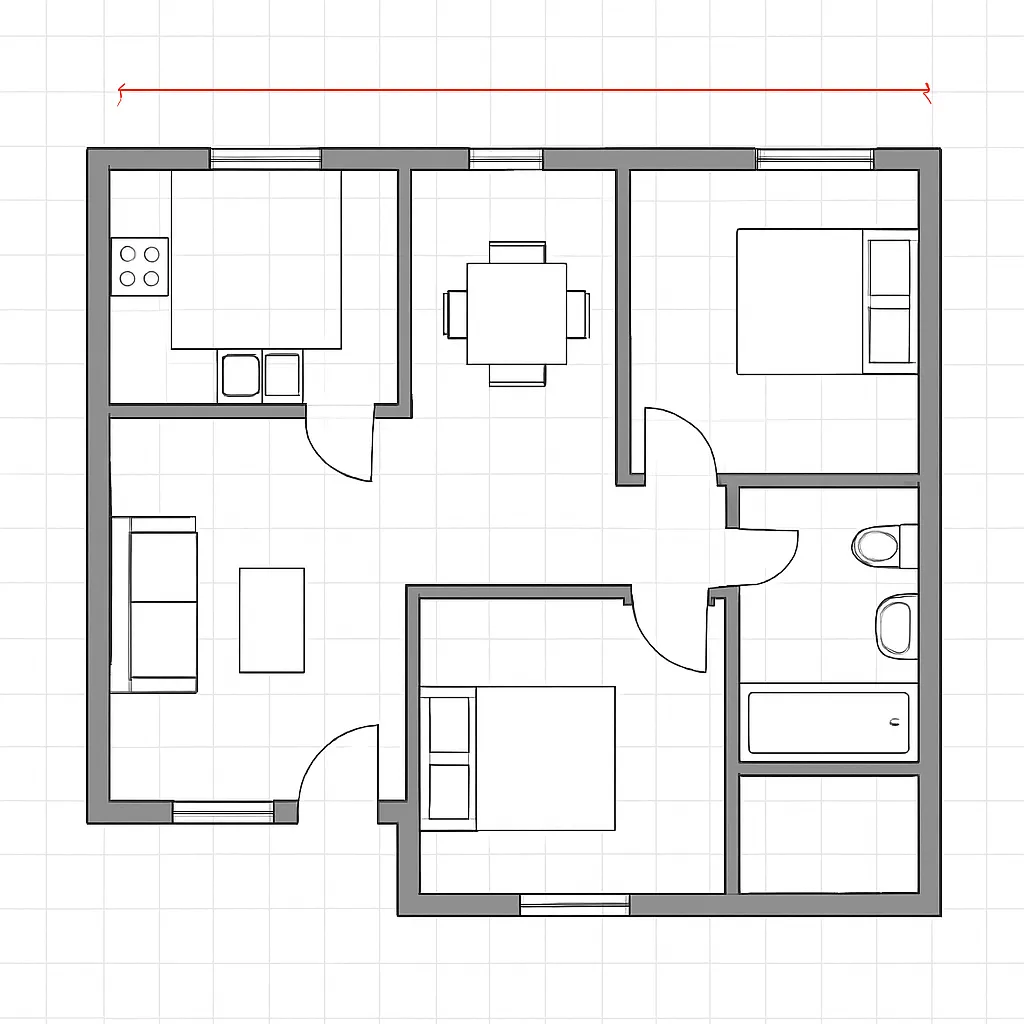 Planimetria architettonica 2D di una casa con stanze, porte, finestre e mobili etichettati