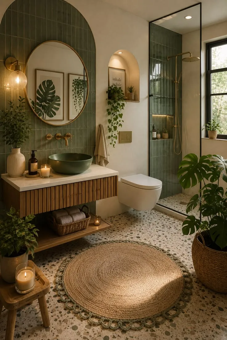 Terracotta tiled Bohemian bathroom walls