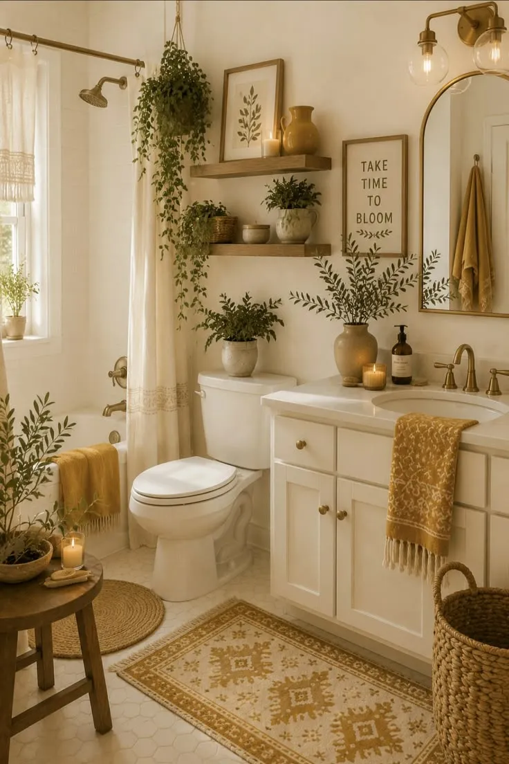 Organic wood vanity in bohemian bathroom design