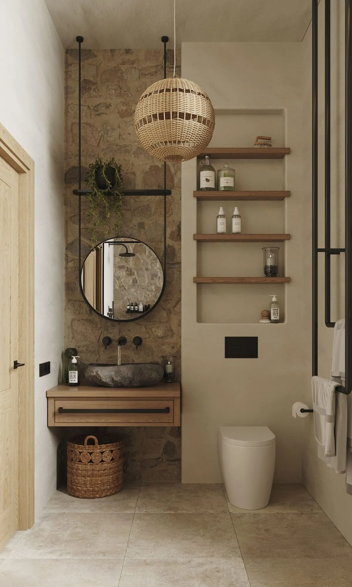 Modern boho bathroom ideas with black frames