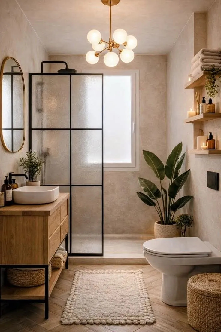 Clean white tones in a minimalist boho bathroom