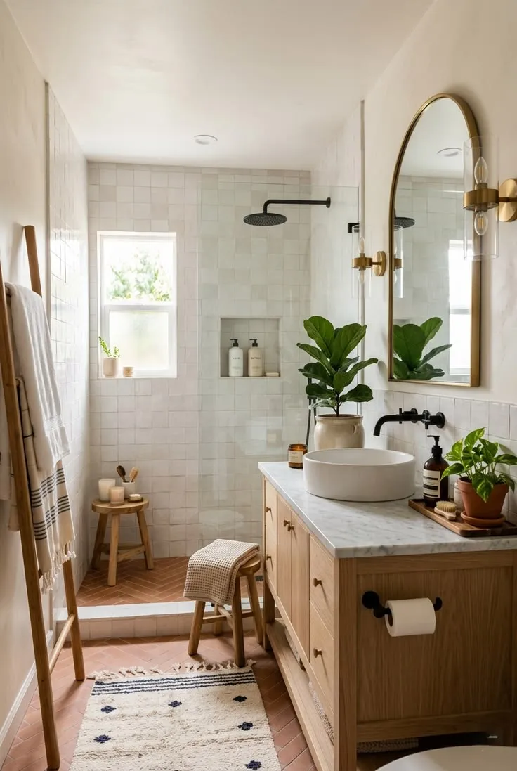 Vertical plant ladder for small boho bathroom ideas