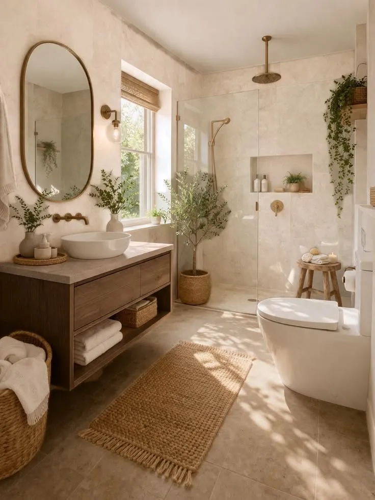 Bohemian bathroom decor with rattan baskets and plants
