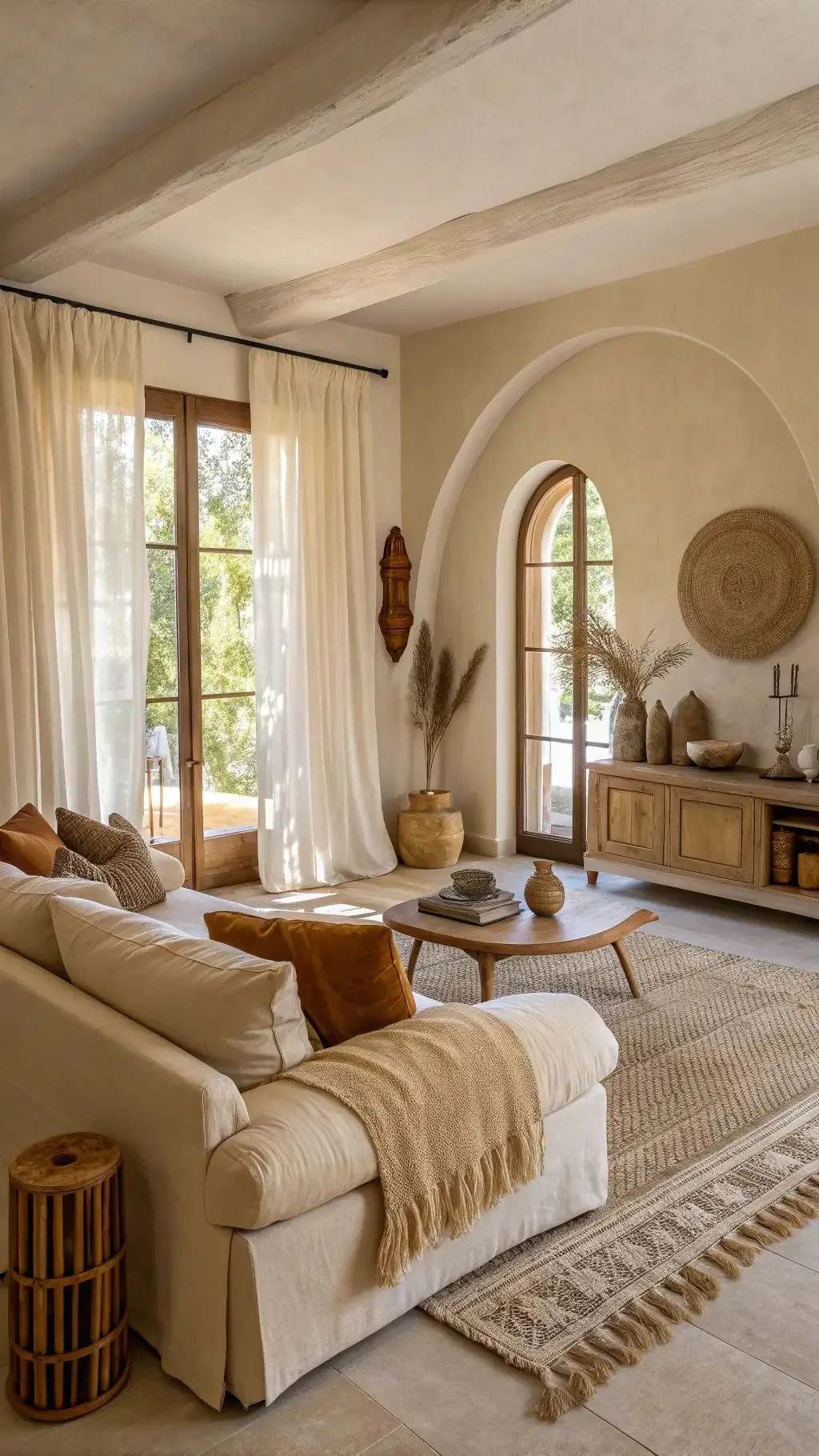 Bright Bohemian Living Room with Arched Windows