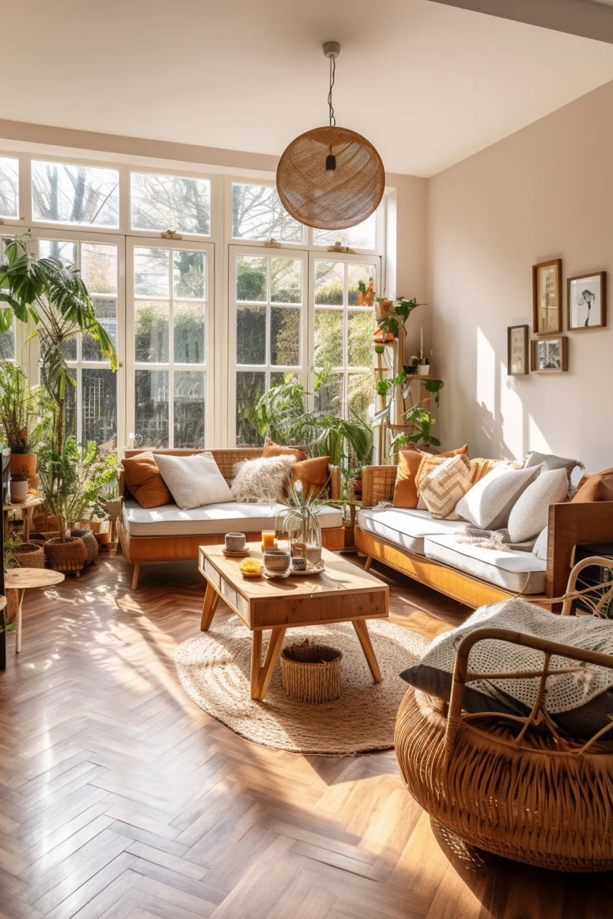Sunlit Bohemian Living Room with Indoor Plants