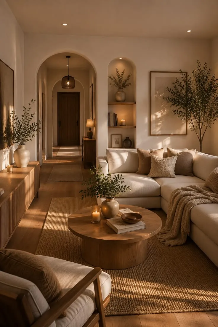 Warm Bohemian Living Room with Arched Doorway