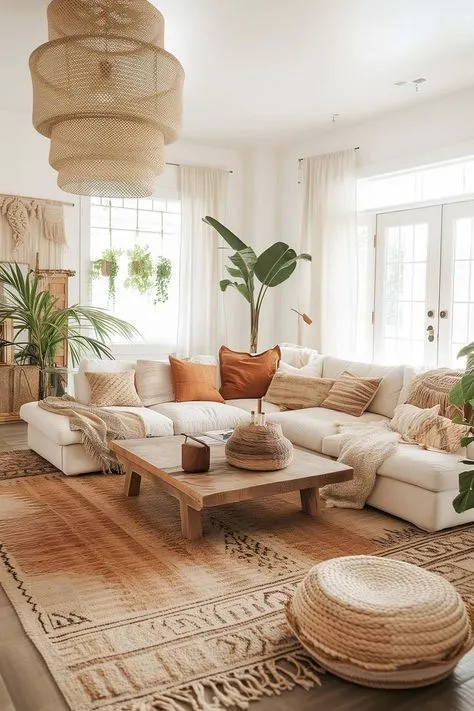 Airy Bohemian Living Room with Geometric Rug