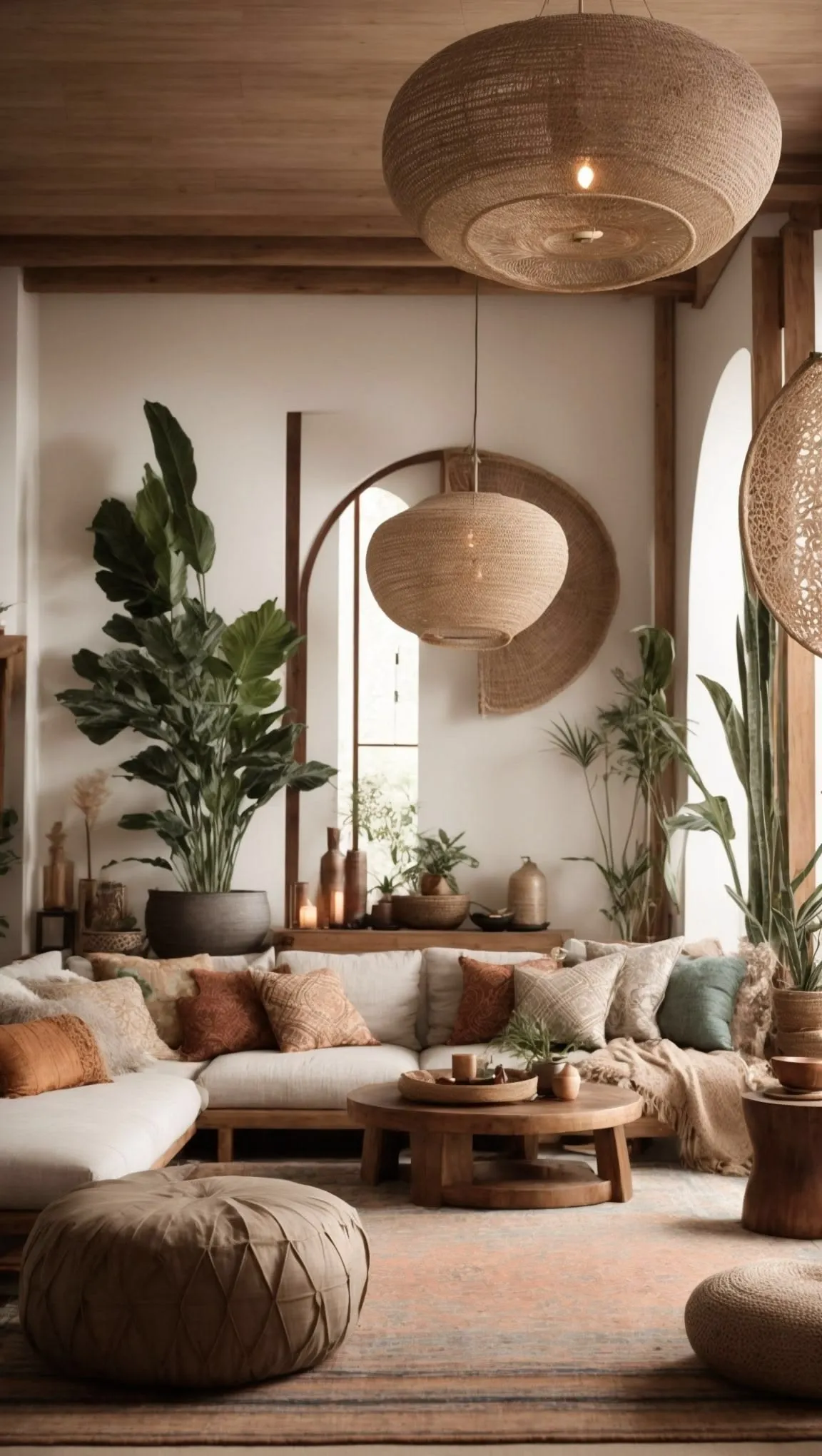 Bohemian Living Room with Woven Pendant Lights
