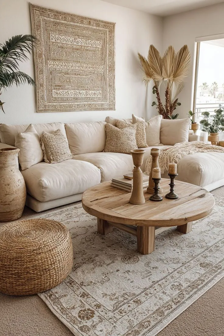 Cozy Bohemian Living Room with Woven Wall Hanging