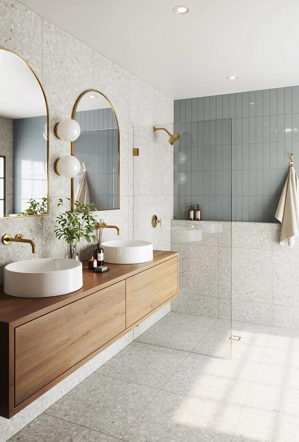 Curbless entry contemporary bathroom design with shower