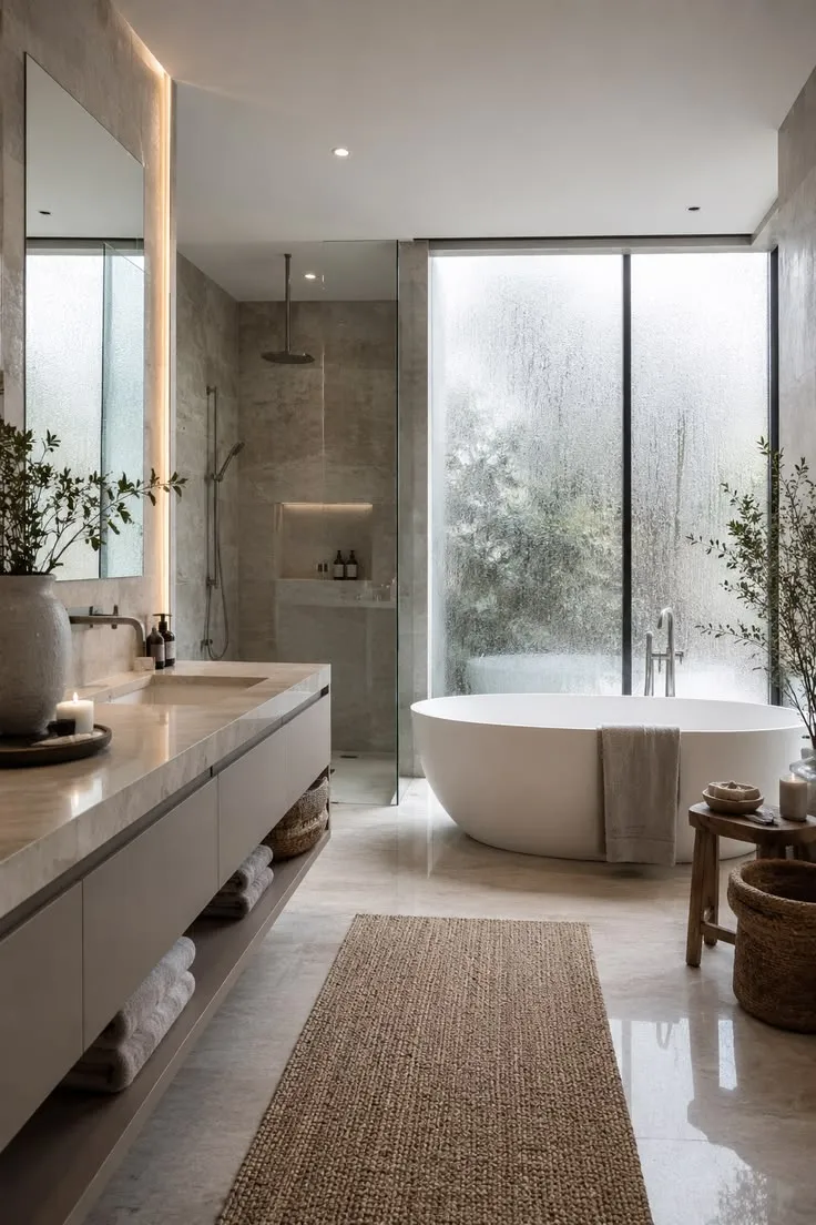 Modern contemporary bathroom with seamless marble walls