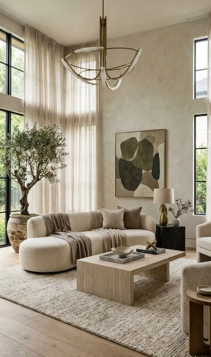 Contemporary Living Room with Curved Sofa & Chandelier