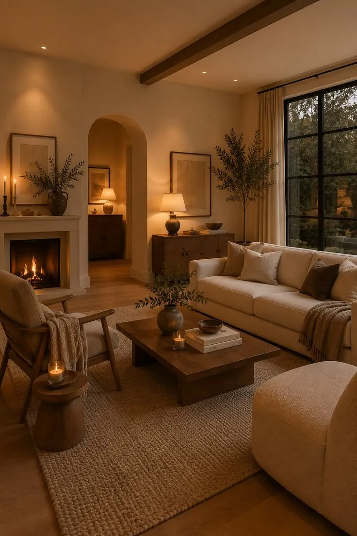 Contemporary Living Room with Fireplace & Arched Doorway