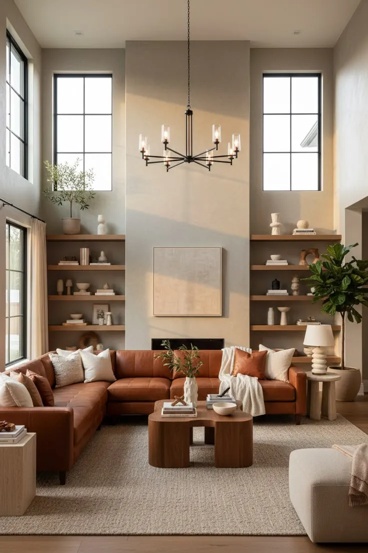 Contemporary Living Room with Built-In Bookshelves