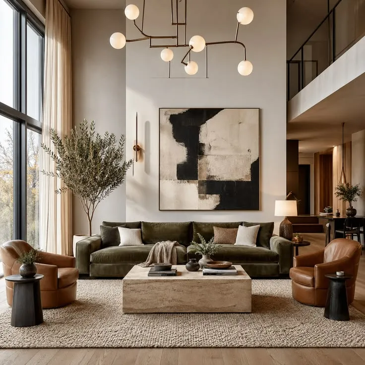 Contemporary Living Room with Green Velvet Sofa