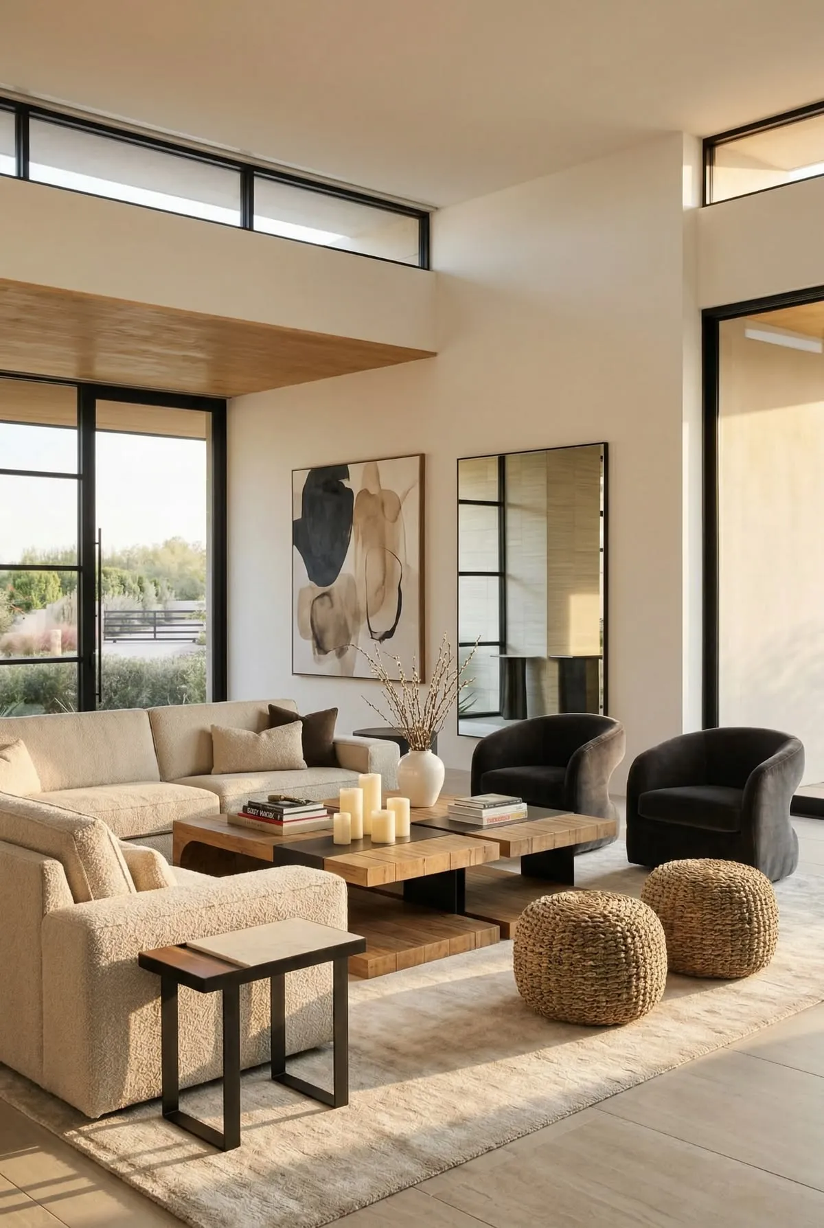 Contemporary Living Room with High Ceilings & Abstract Art