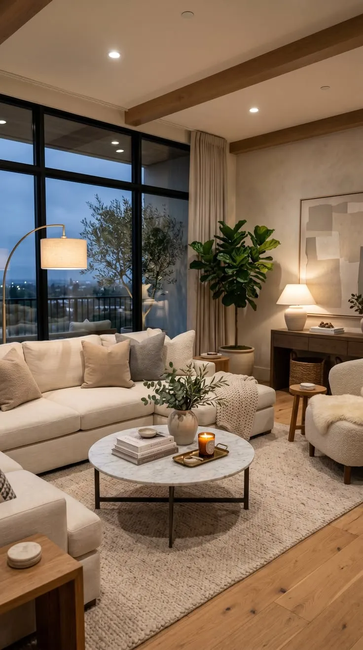 Contemporary Living Room with Marble Coffee Table