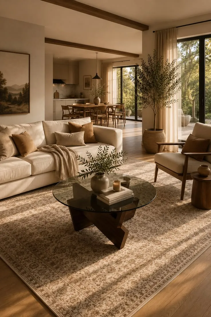 Open-Plan Contemporary Living Room with Olive Tree
