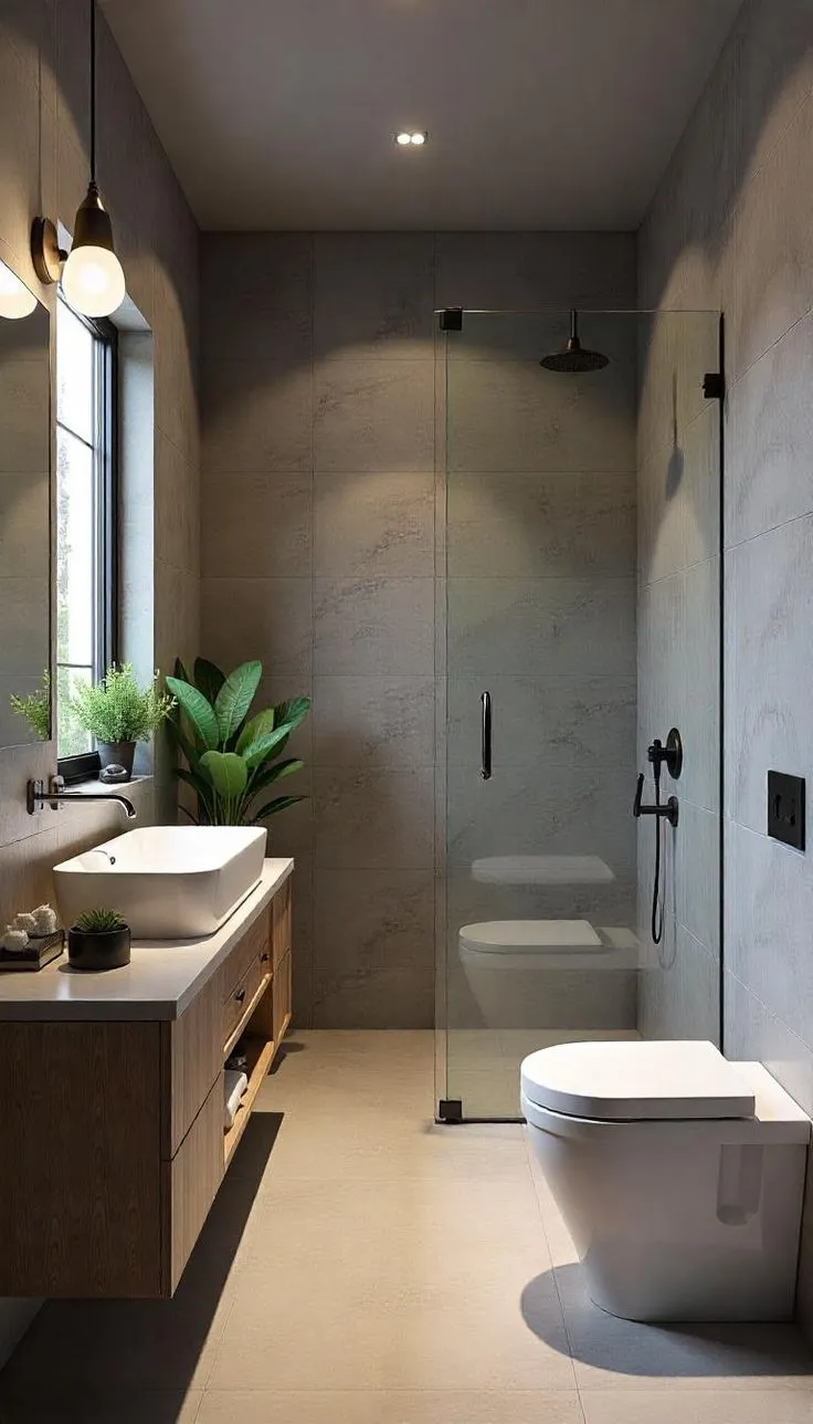 Industrial style bathroom with concrete walls