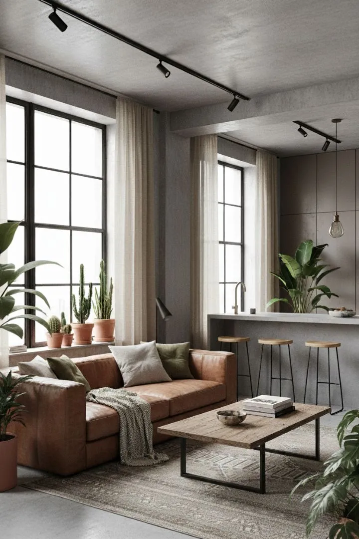 Compact Industrial Living Room with Open Plan