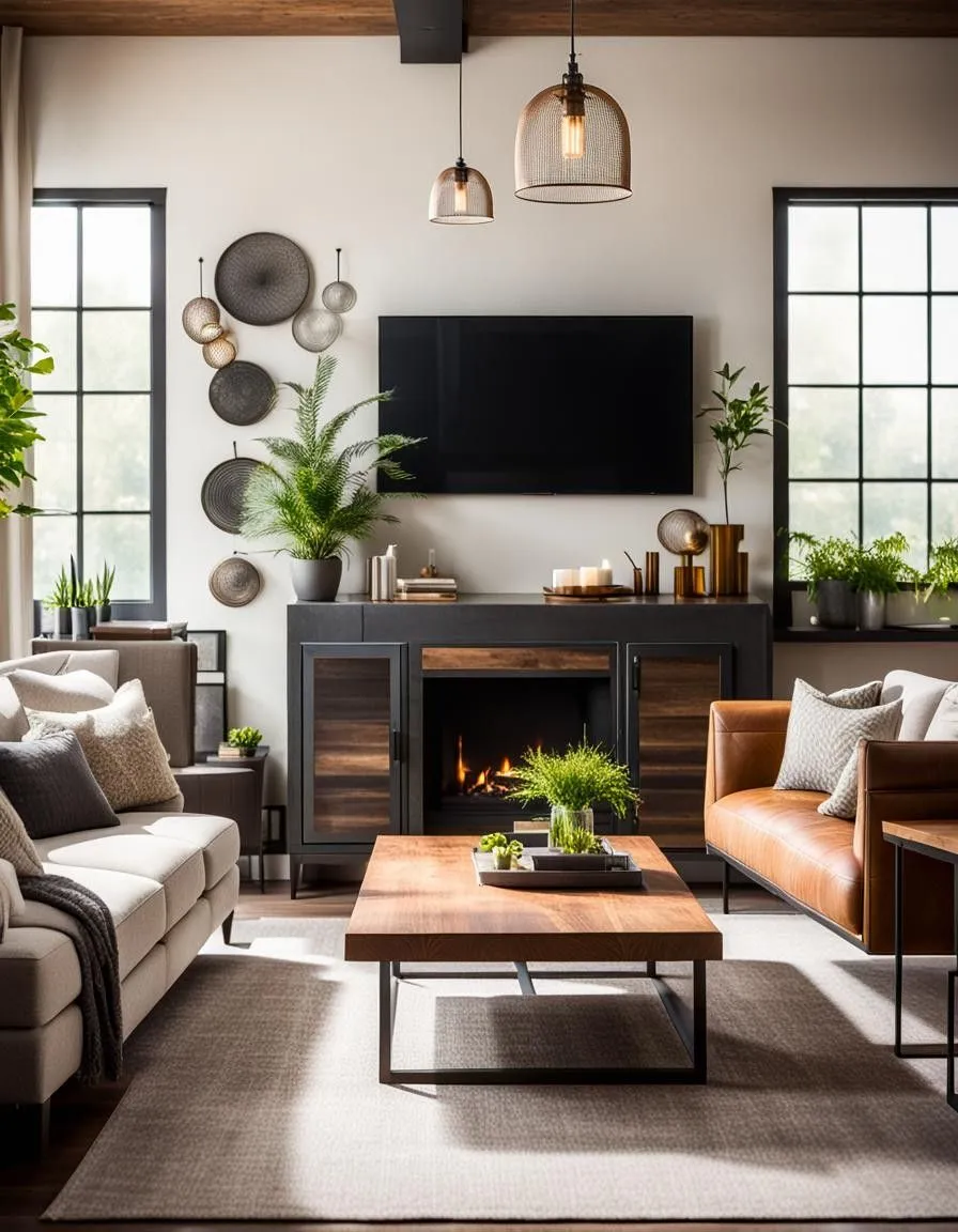Warm Industrial Living Room with Fireplace
