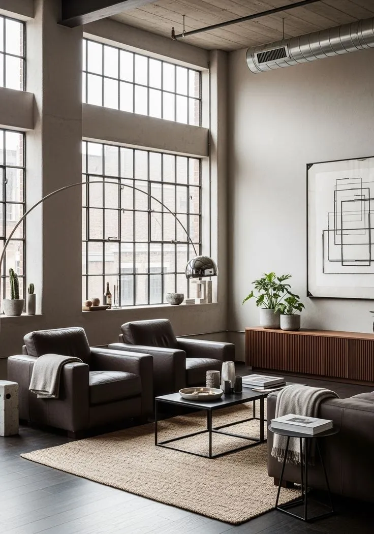 Modern Industrial Loft with Leather Armchairs