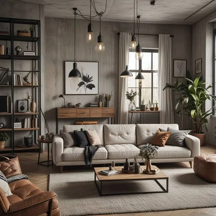 Industrial Living Room with Metal Shelving