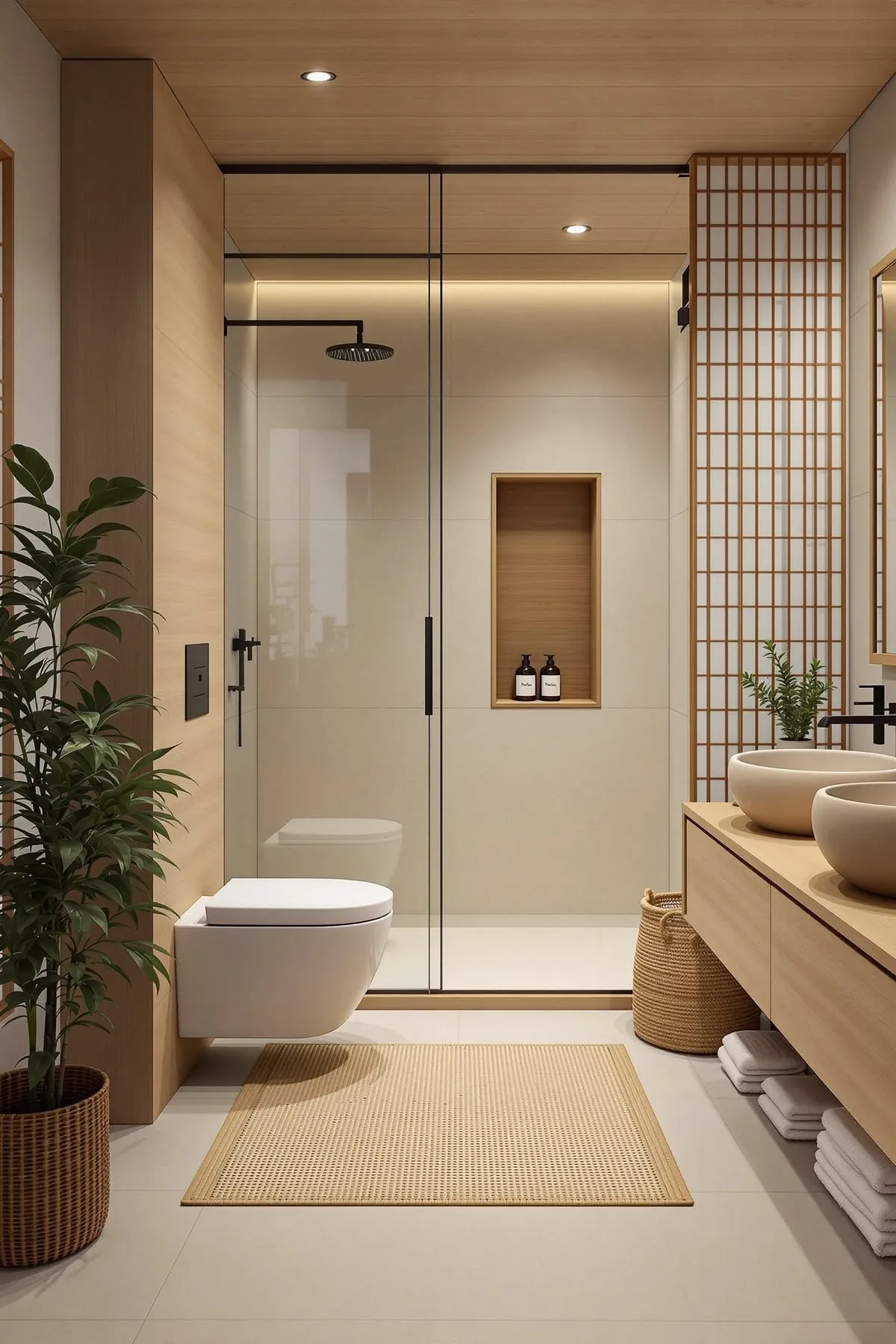 Minimalist wooden storage in japandi bathroom design