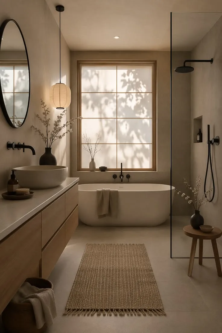 Zen soaking tub layout in japandi interior design