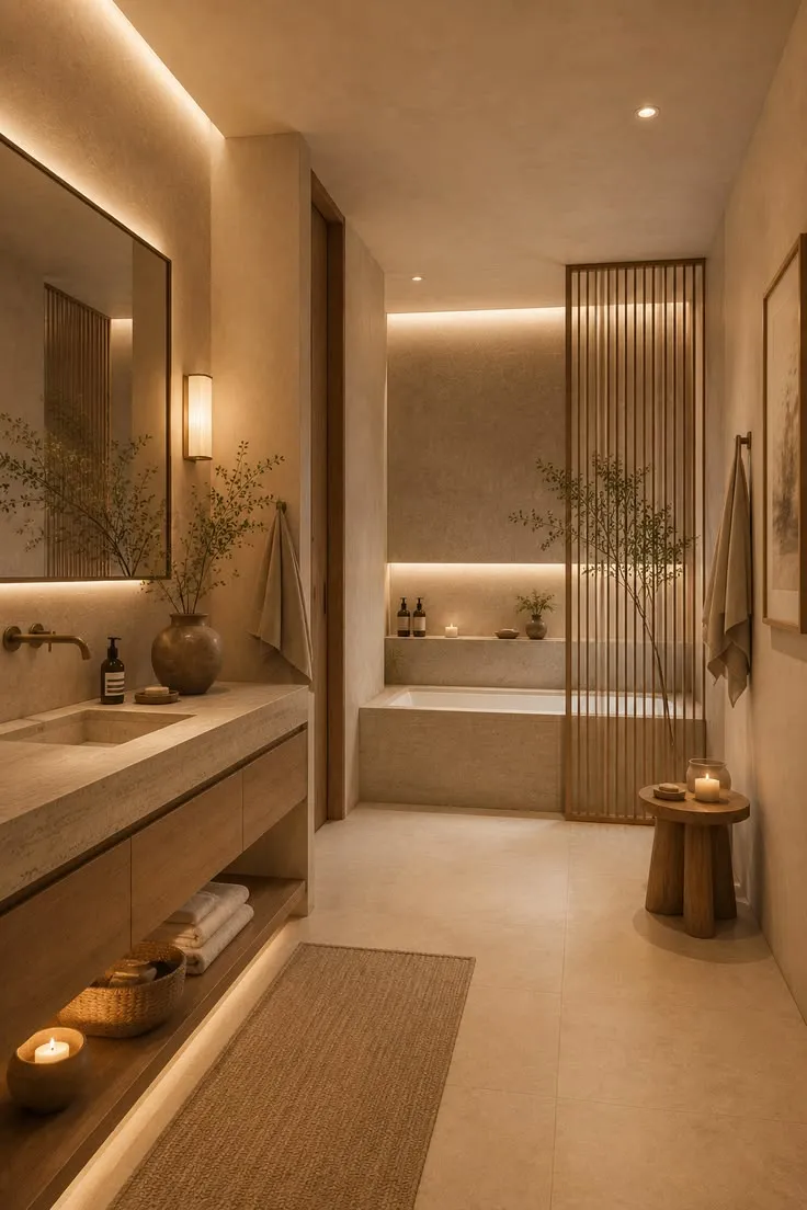 Vertical neutral mosaic Japandi bathroom tiles