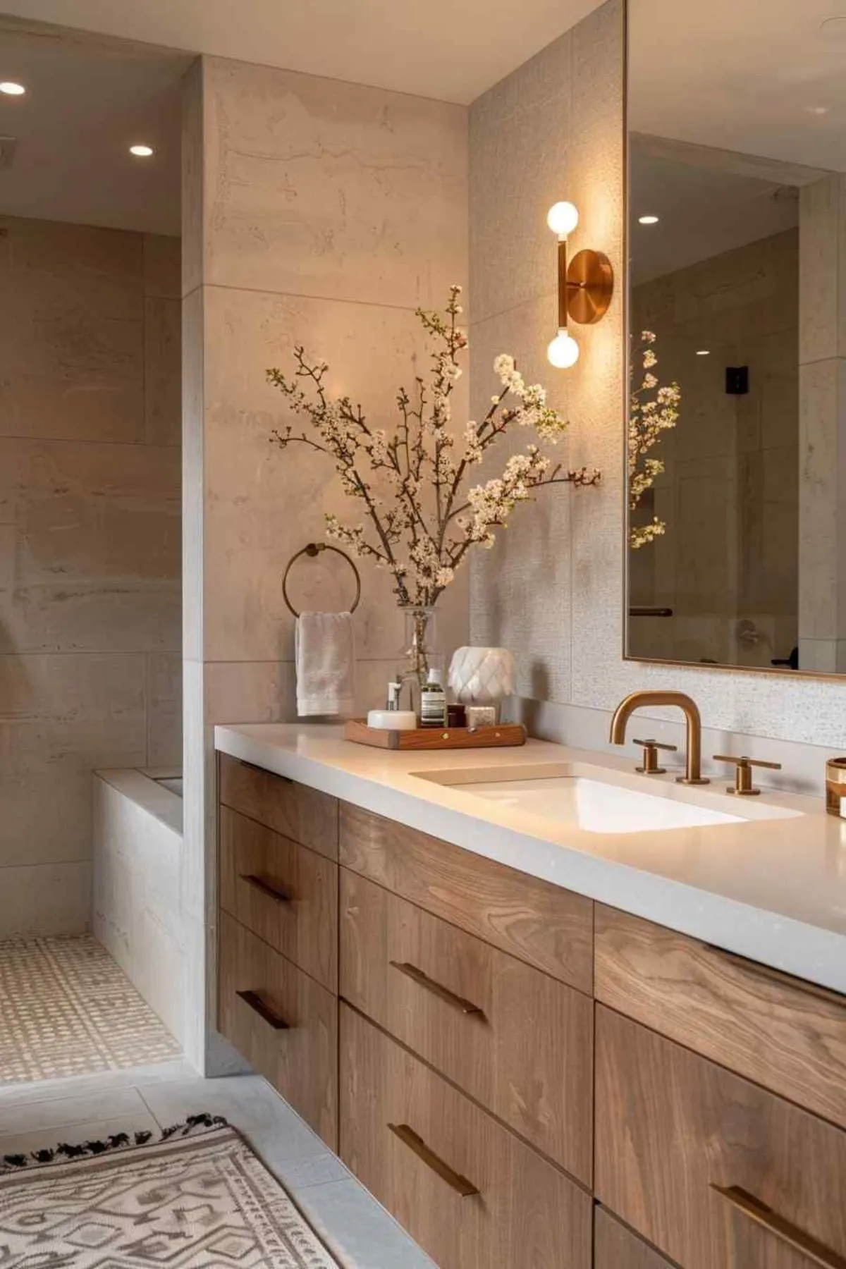 Seamless glass shower in a Japandi bathroom layout