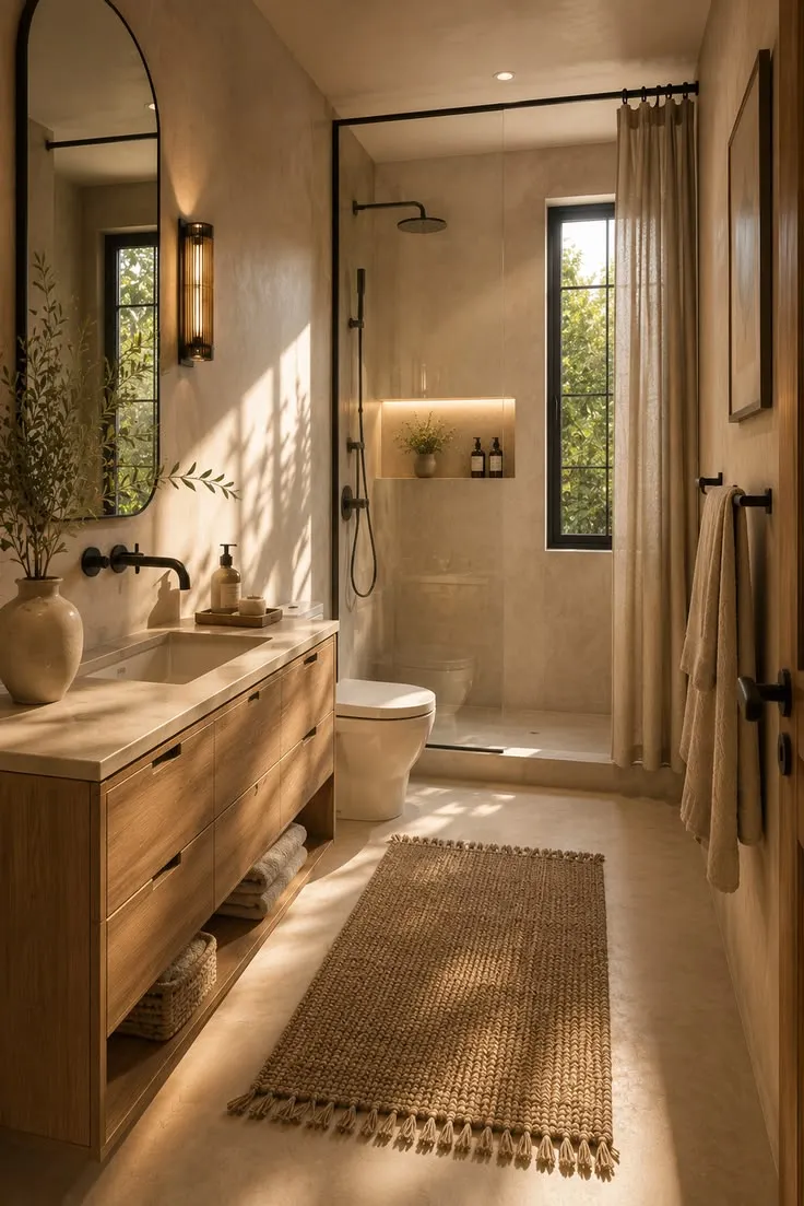 Textured earth tone Japandi bathroom walls