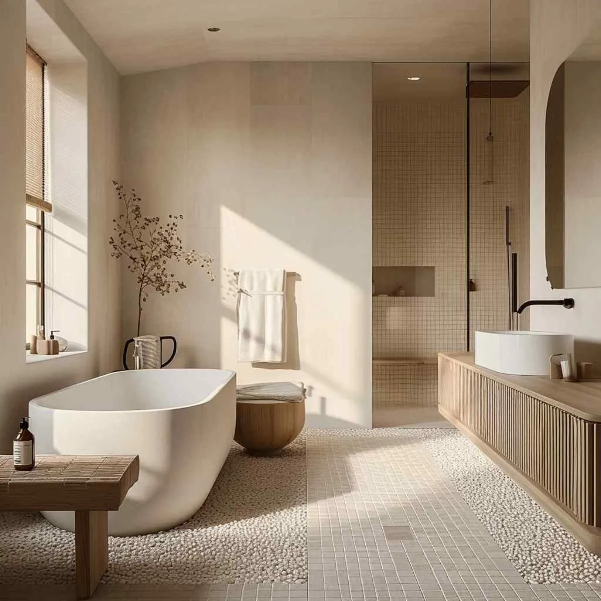 Organic ceramic and textile Japandi bathroom accessories