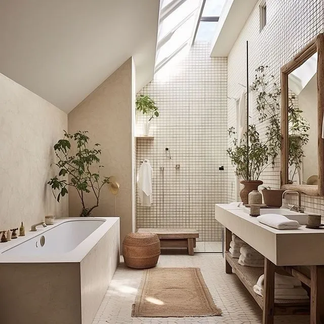 Warm wood vanity in a Japandi style bathroom