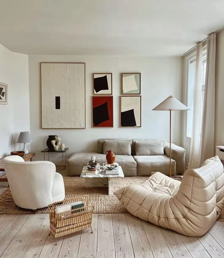 Japandi Living Room with Woven Pendant Lights