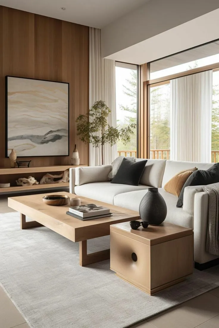 Japandi Living Room with Abstract Gallery Wall