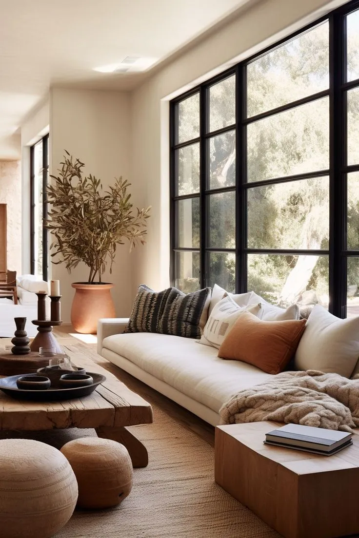 Japandi Living Room with Wood Slat Accent Wall