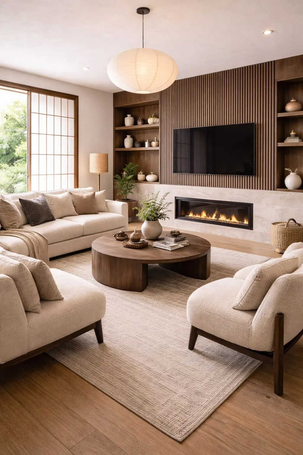 Japandi Living Room with Natural Wood Built-Ins